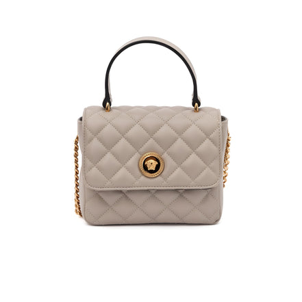 Geantă de mână Versace matlasată din piele, culoarea Taupe