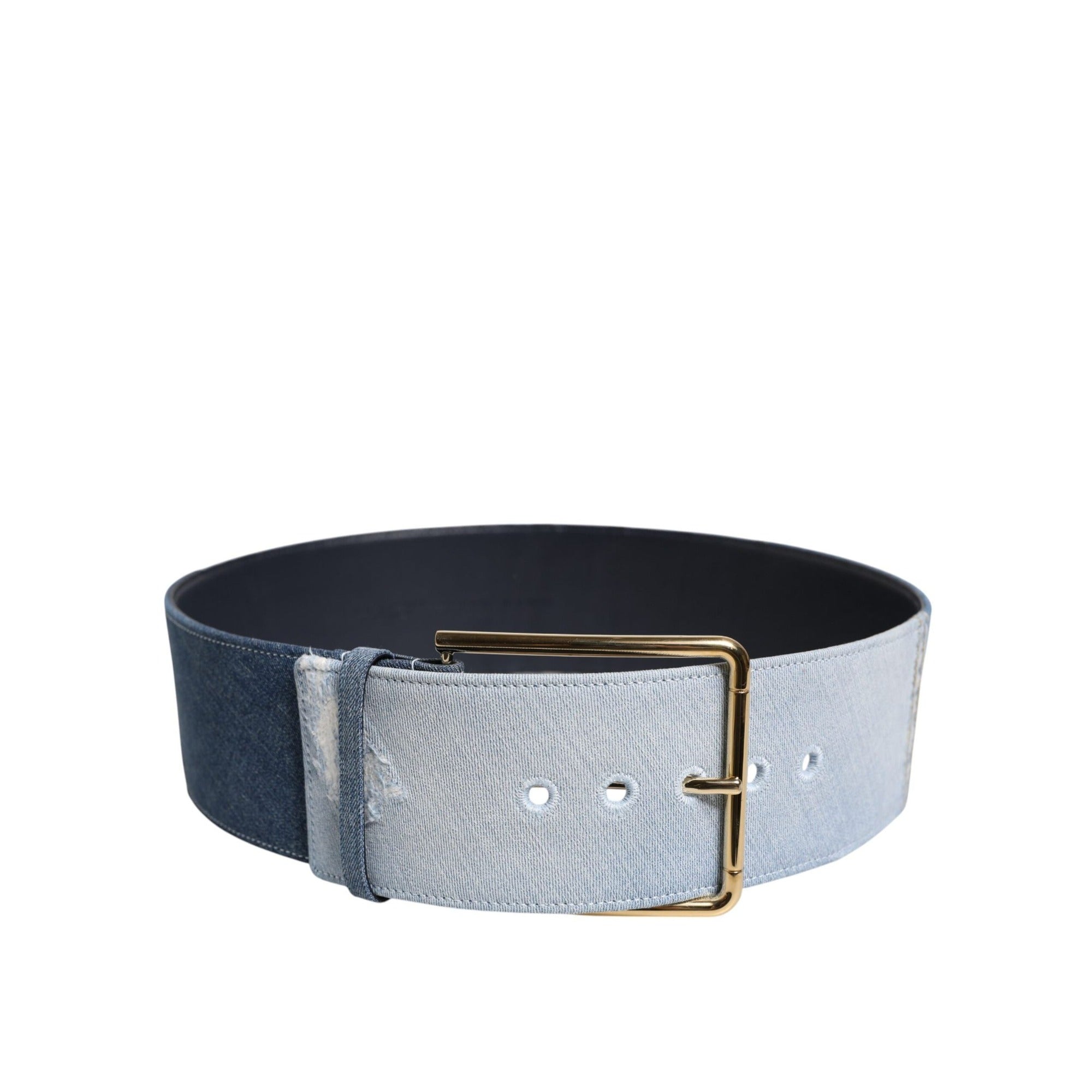 Curea Dolce & Gabbana din denim albastru în două tonuri cu cataramă aurie metalică