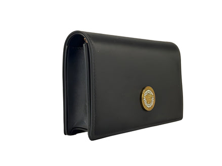 Geantă portofel Versace mini neagră, cu lanț, tip crossbody