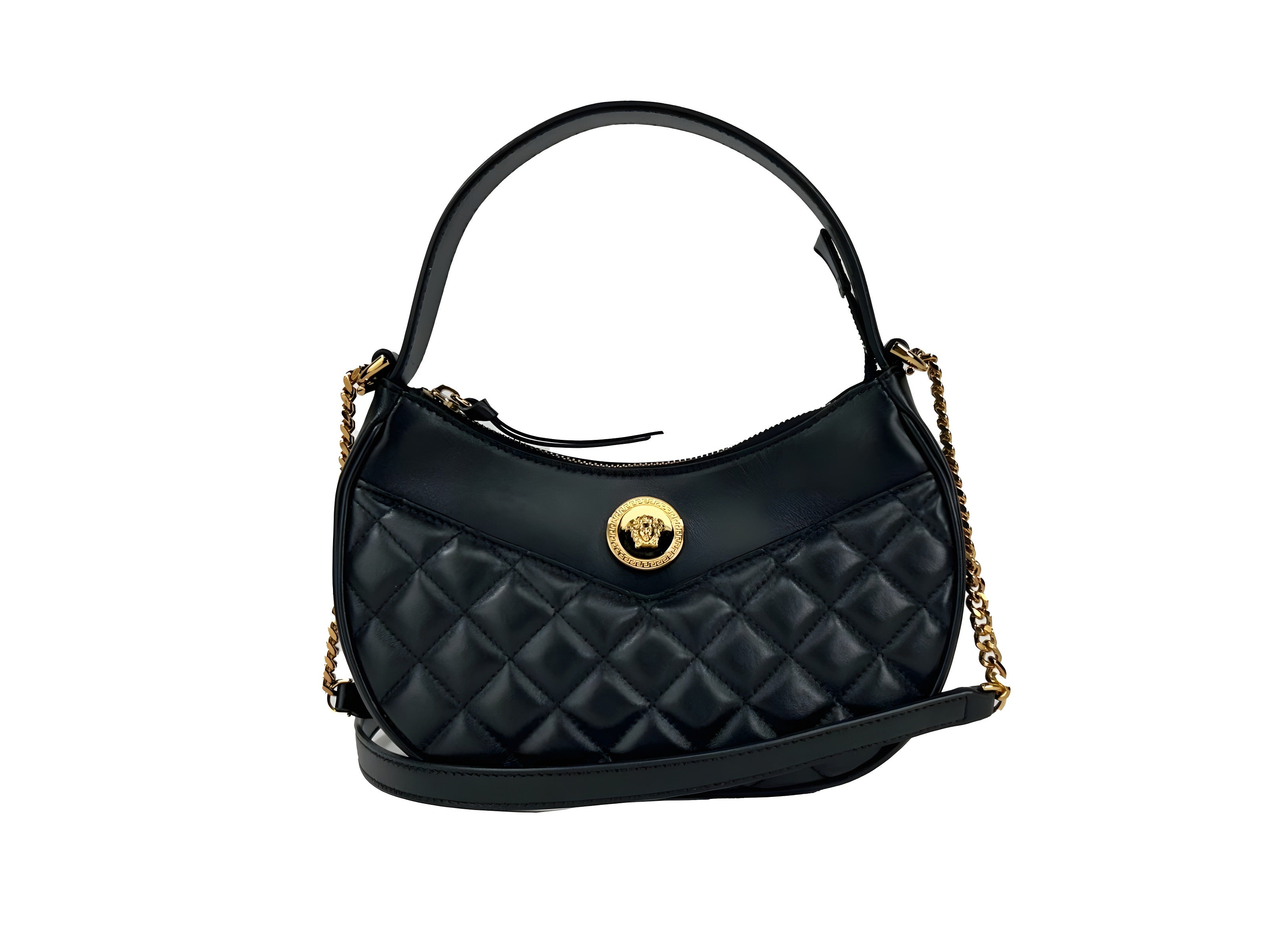 Versace Quilted Black Leather Half Moon Chain Crossbody Bag