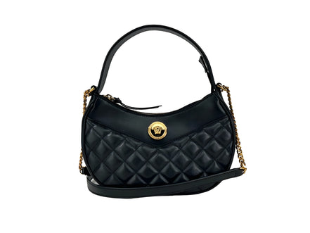 Versace Quilted Black Leather Half Moon Chain Crossbody Bag