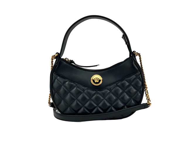 Versace Quilted Black Leather Half Moon Chain Crossbody Bag
