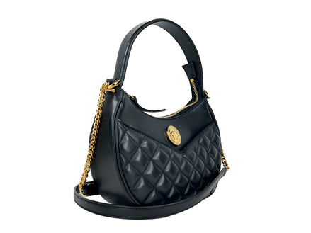 Geantă crossbody Versace Half Moon din piele matlasată neagră, cu lanț