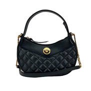 Geantă crossbody Versace Half Moon din piele matlasată neagră, cu lanț