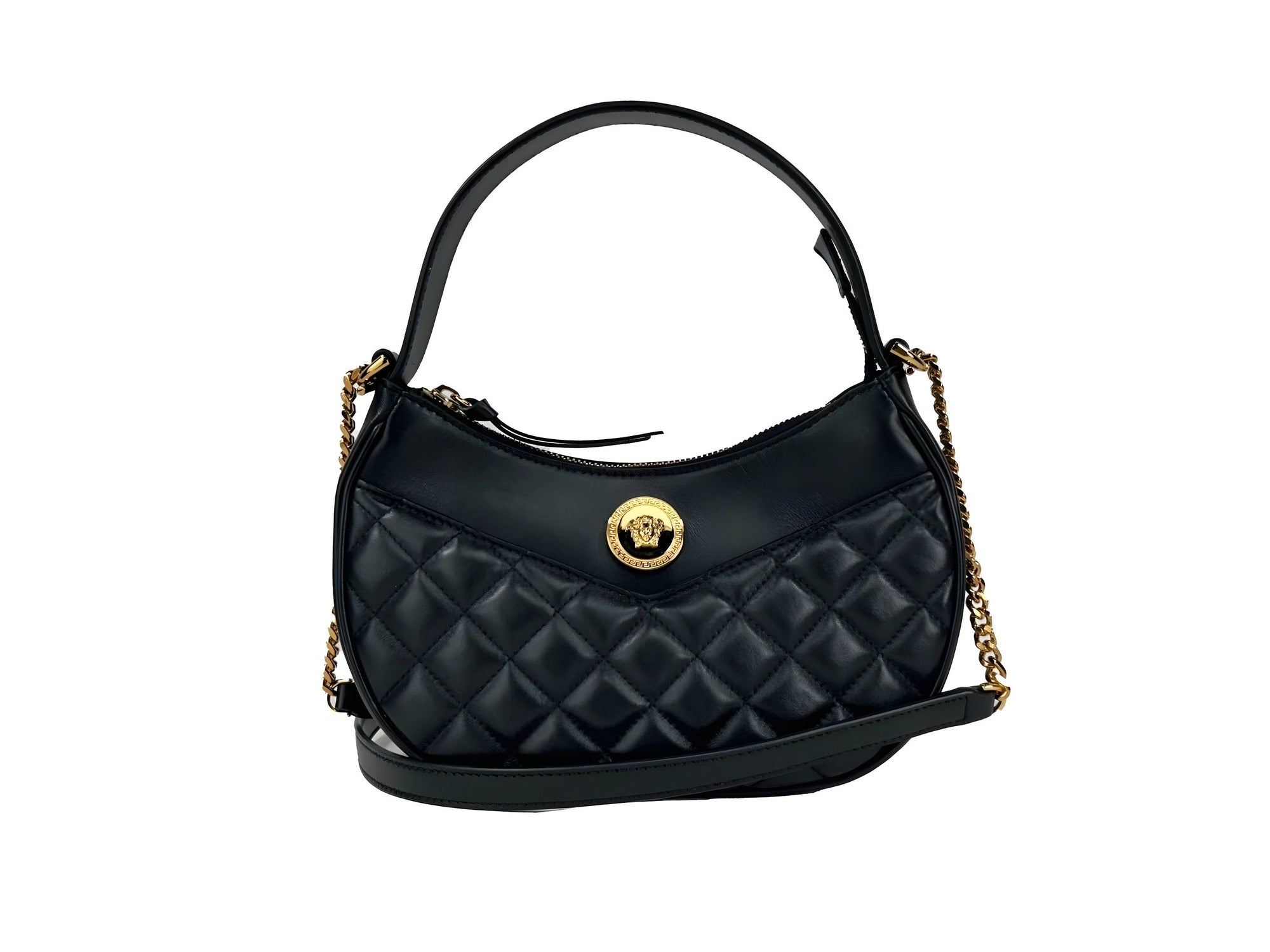 Geantă crossbody Versace Half Moon din piele matlasată neagră, cu lanț