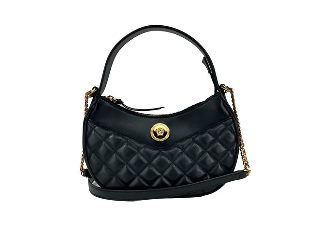 Geantă crossbody Versace Half Moon din piele matlasată neagră, cu lanț