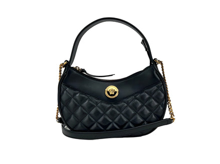 Geantă crossbody Versace Half Moon din piele matlasată neagră, cu lanț