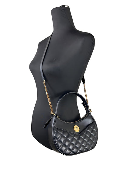 Geantă crossbody Versace Half Moon din piele matlasată neagră, cu lanț