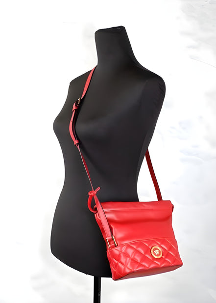 Versace Red Quilted Leather Drawstring Shoulder Bag Bucket Crossbody Handbag