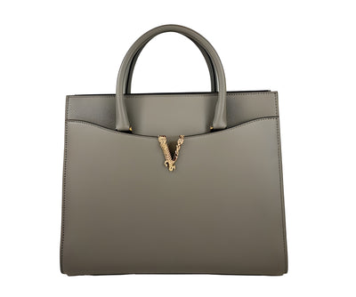 Geantă Versace Virtus Large din Piele, Tip Satchel cu Mâner Superior, Gri