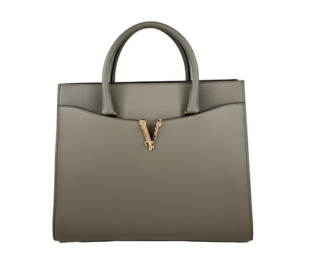 Geantă Versace Virtus Large din Piele, Tip Satchel cu Mâner Superior, Gri