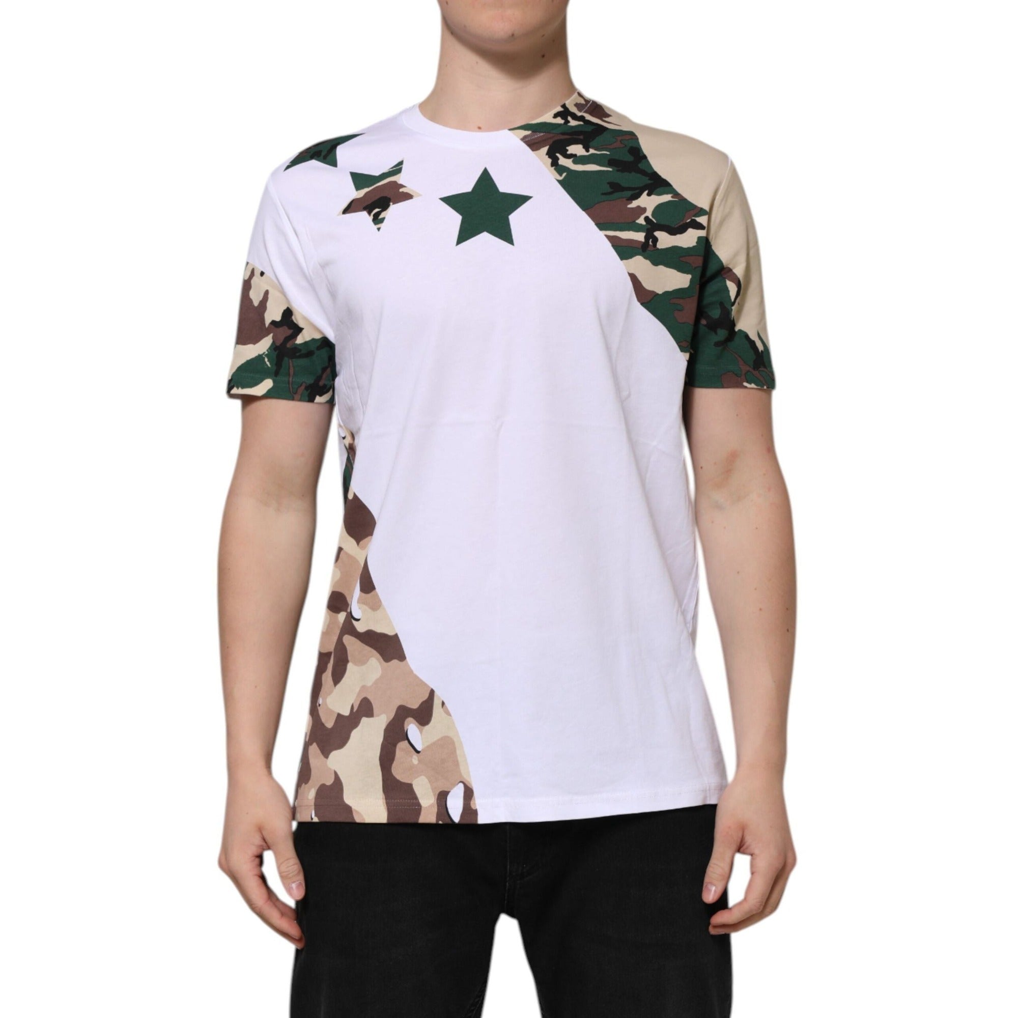 Tricou din bumbac cu guler rotund Dolce & Gabbana, camuflaj alb