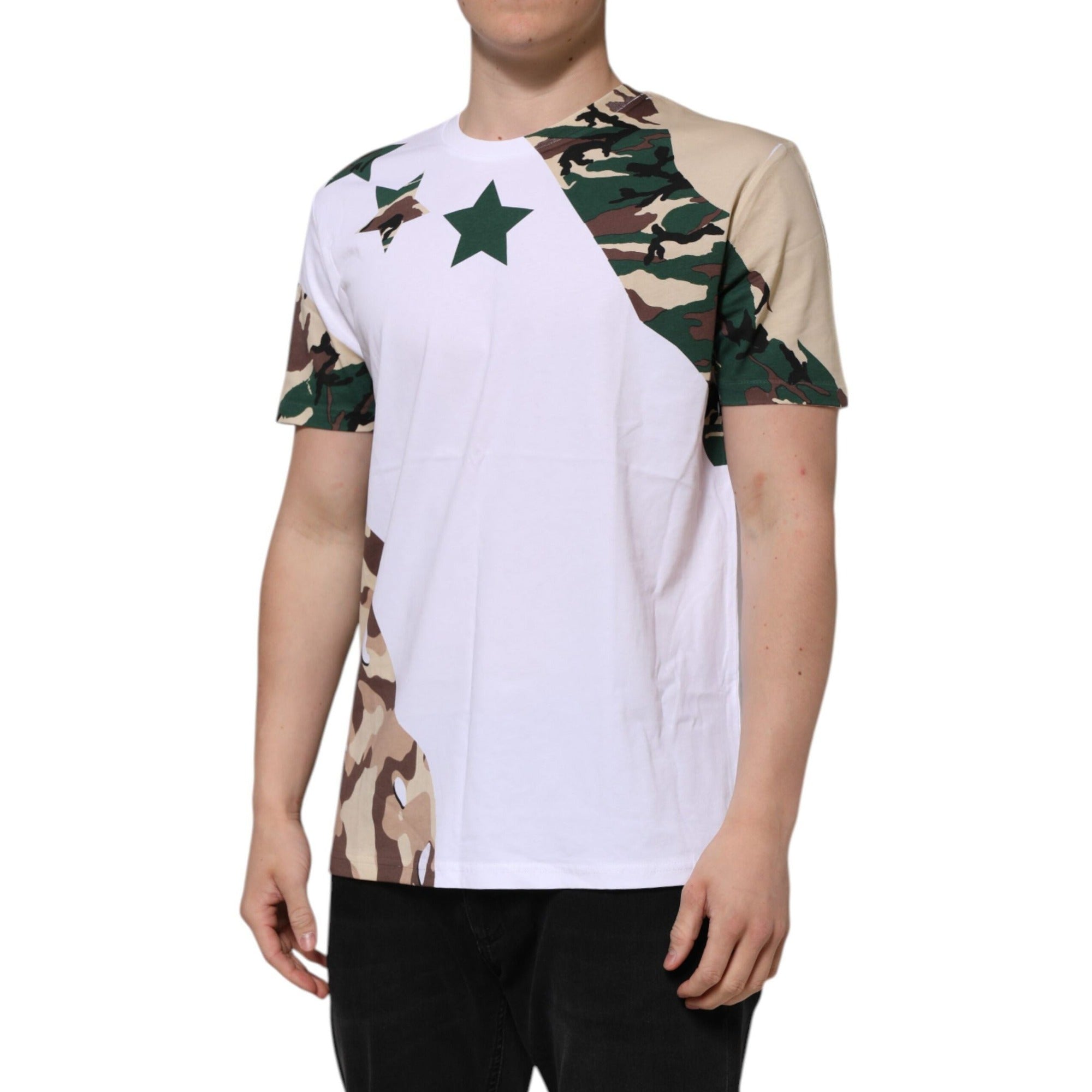 Tricou din bumbac cu guler rotund Dolce & Gabbana, camuflaj alb