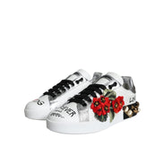 Dolce & Gabbana White Leather Floral Studded Sneakers