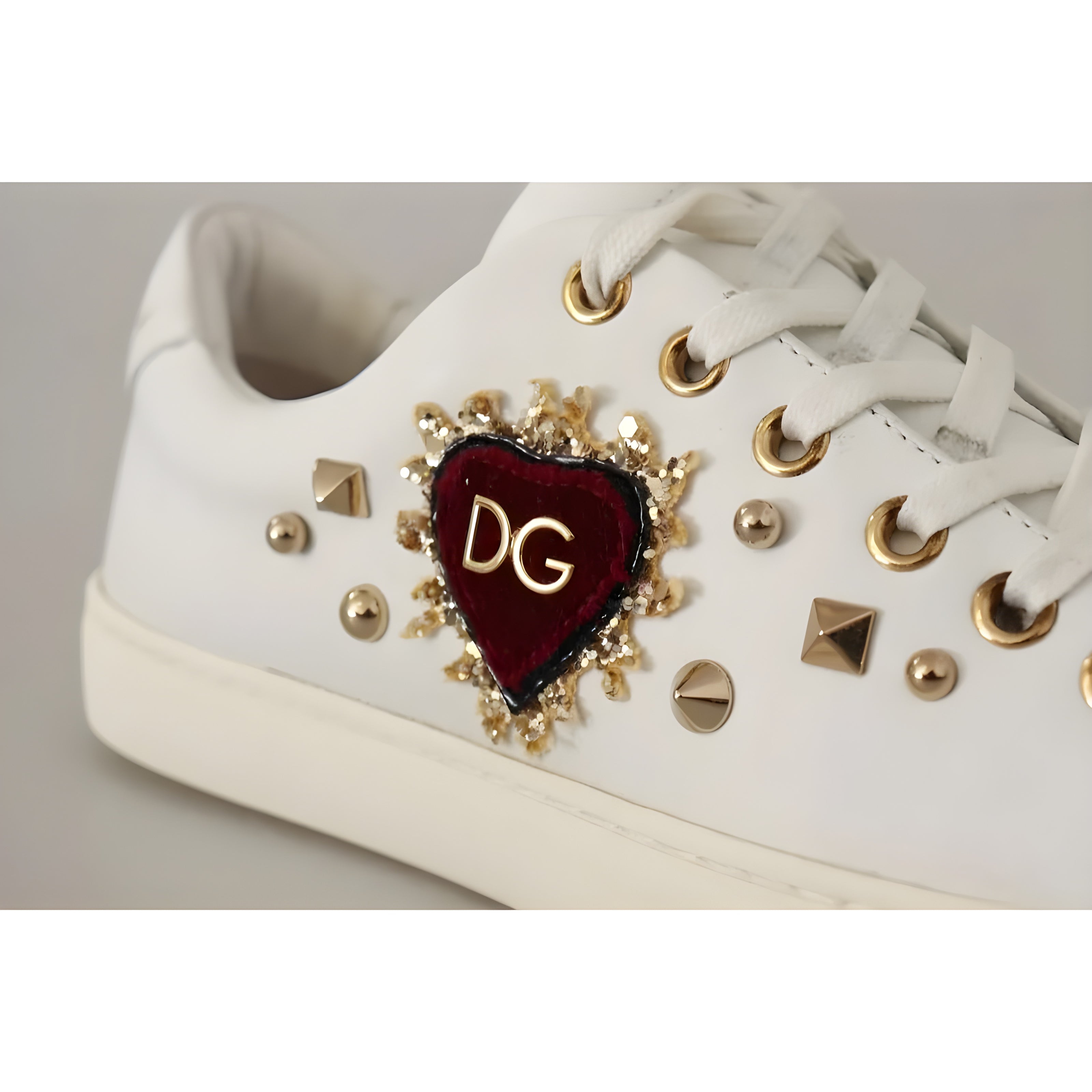 Adidași Dolce & Gabbana din Piele Albă cu Inimă Auriu Roșie