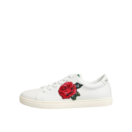 Sneakers low top Dolce & Gabbana albi din piele cu broderie trandafir