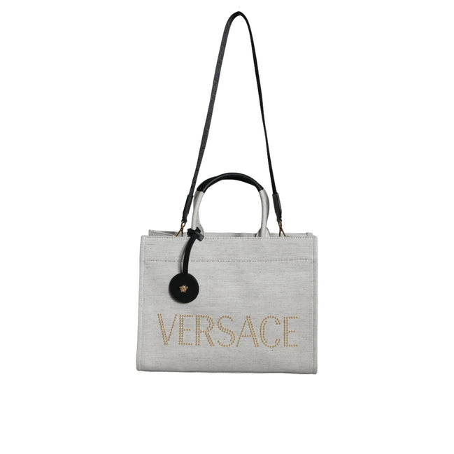Geantă tote crossbody Versace, albă, cu mâner superior, din pânză și piele, cu logo