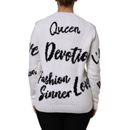 Pulover Dolce & Gabbana din lână albă tricotată, cu decolteu rotund